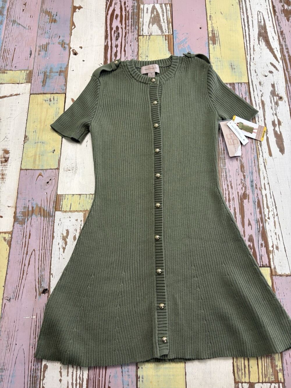 NEW French Connection Short Sleeved Gold Military Button Sweater Dress Medium